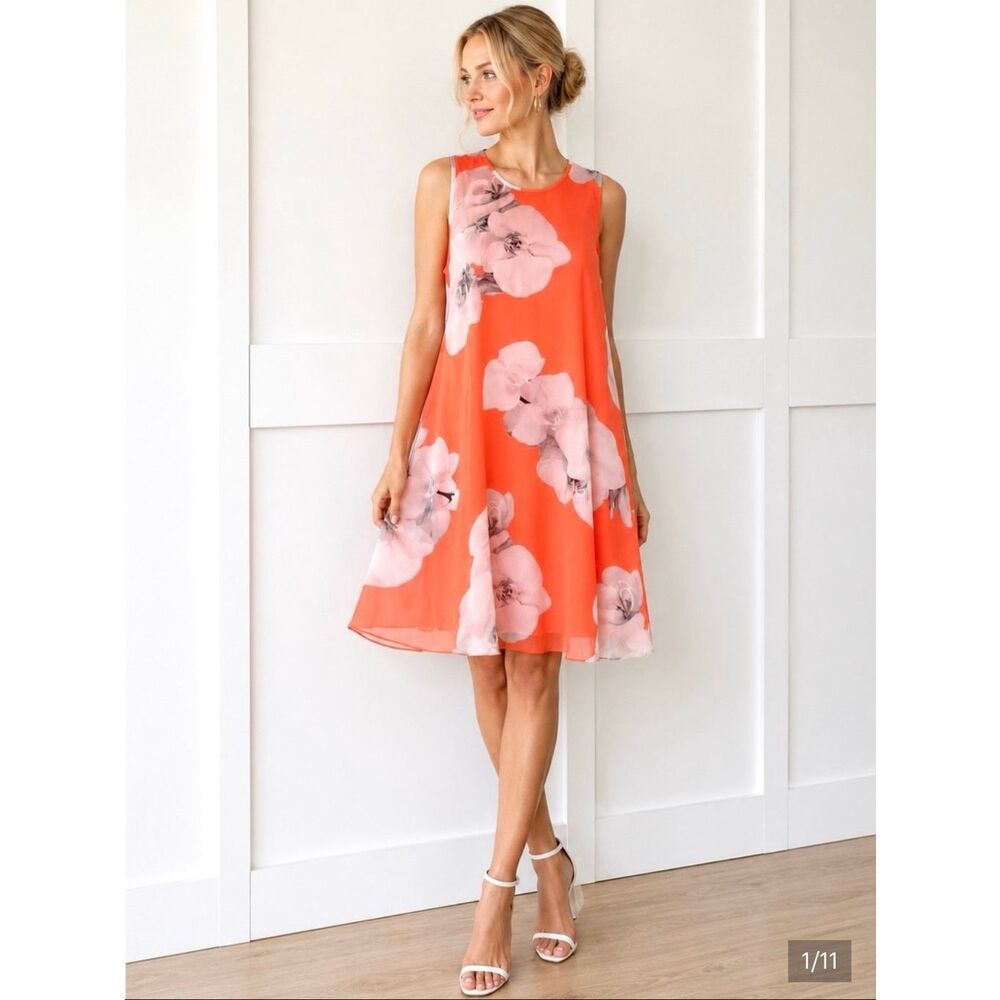 Calvin Klein NWT Orange Floral Print Sleeveless Lined Flowy A-Line Dress Size 4